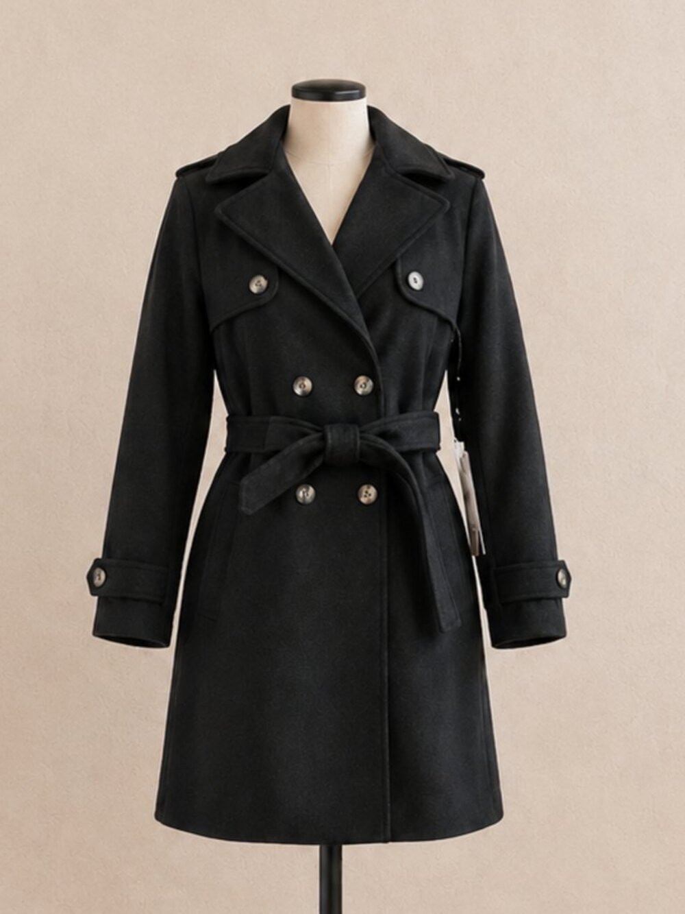 Love for Humanity Black Label Women L Black Belted Double Breasted Trench NWT